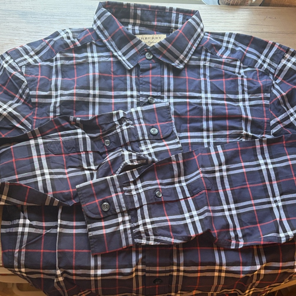 NWT Burberry Alexander  Navy, White & Red Check Button-Down Shirt size XS